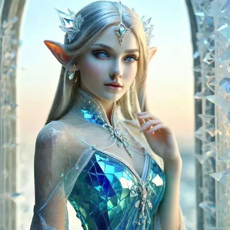 Elves, <lora:SDXLFrosted:1> FrostedStyle beautiful female Elve with Elve ears, focus on face, beautiful bright and sharp blue ey...