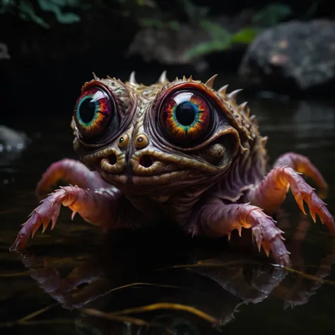 photo  of  a breathtaking ultra realistic multi-eyed creature formed out of nightmares as it wades into a calm river, outdoor, d...