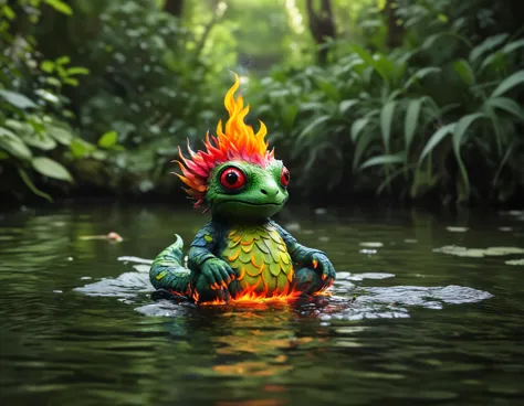 The image features a small, brightly colored creature with a fire-like appearance, sitting in a body of water. The creature is surrounded by a lush green environment, adding a vibrant touch to the scene. The water appears to be calm, creating a serene atmo...