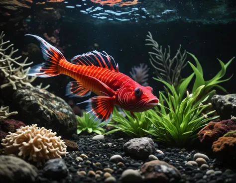The image presents a vibrant scene of an underwater world, where a red dragonfish is the center of attention. The dragonfish, with its fiery orange fins and tentacles, stands out against the dark backdrop of the aquarium. It appears to be in motion, possib...
