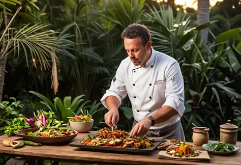 
A talented chef creates a gourmet meal using exotic ingredients from around the world, served in a beautiful outdoor setting at...