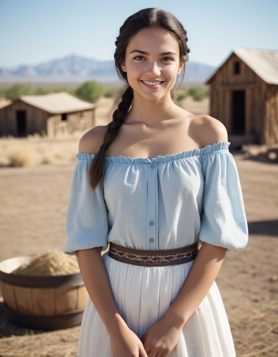 A woman in a blue dress standing in front of a wooden building - SeaArt AI