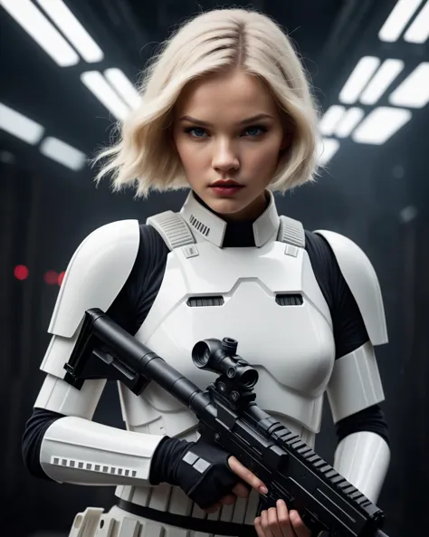 (half-body shot:2) , WLOP style, cinematic,  (woman as an iconic Storm trooper from Star wars movie), with DC-15A Blaster Rifle,...