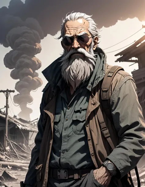 (Anime Style, Manga Style:1.3), sketch, concept art, line art, ((2D:1.3)), (old man with sunclasses and big beard), postapocalyp...