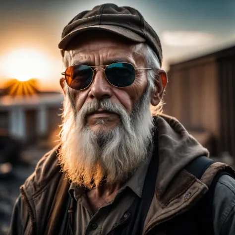 (old man with sunclasses and big beard), postapocalyptic, epic scene, high quality photography, 3 point lighting, flash with sof...