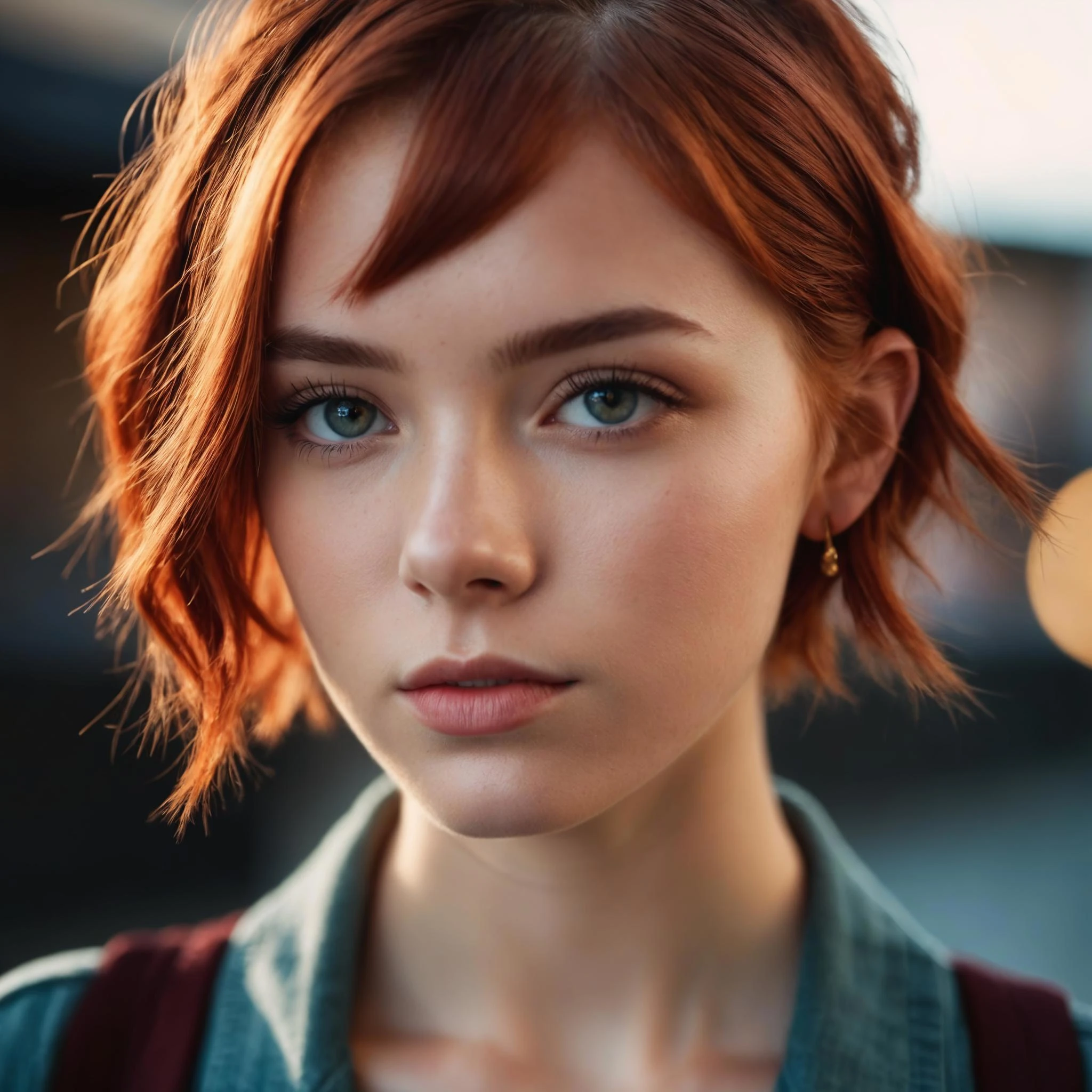 foto de 18 anos.ó mulher, olhos perfeitos, cabelo ruivo curto, trança, olha para o espectador, tomada cinematográfica, sombras duras, Cinema sincero RAW, 16mm, filme portra 400 colorido graduado, cor notável, ultra realistic, pele texturizada, alunos notáveis e detalhados, ruído de pele maçante realista, detalhe visível da pele, penugem da pele, pele seca, filmado com câmera cinematográfica, fotografia de alta qualidade, iluminação de 3 pontos, piscar com softbox, 4K, Canon EOS R3, hdr, suave, foco nitído, alta resolução, foto premiada, 80mm, f2.8, bokeh