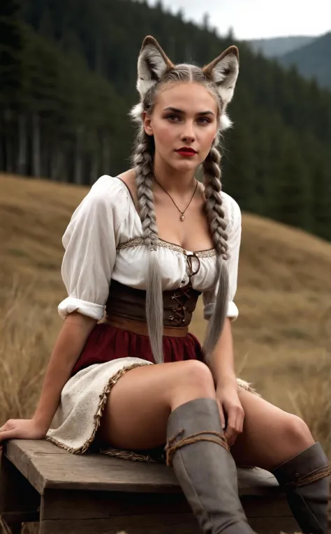 cinematic film still, young woman, peasant costume, ((sitting)), gray cornrows, wolf ears, wolf tail, wolf legs, skimpy