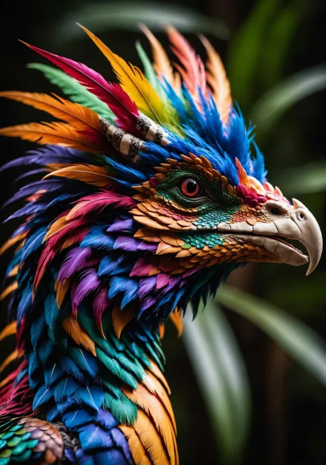 (Highest Quality, 4k, masterpiece, Amazing Details:1.1), a colorful exotic dragon_bird, feathers, film grain, Fujifilm XT3, photography,
