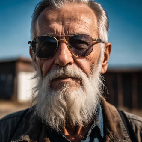 (old man with sunclasses and big beard), postapocalyptic, epic scene, high quality photography, 3 point lighting, flash with softbox, 4k, Canon EOS R3, hdr, smooth, sharp focus, high resolution, award winning photo, 80mm, f2.8, bokeh