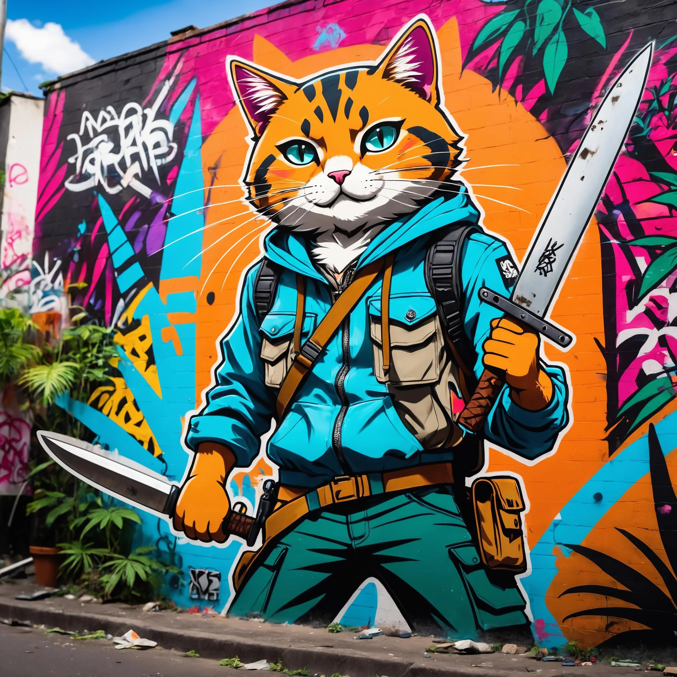 Estilo graffiti estilo anime, gato aventureiro, selva densa, segurando um facão . arte de rua, vibrante, urbano, detalhado, marcação, mural, fotografia de alta qualidade, iluminação de 3 pontos, piscar com softbox, 4K, Canon EOS R3, hdr, suave, foco nitído, alta resolução, foto premiada, 80mm, f2.8, bokeh