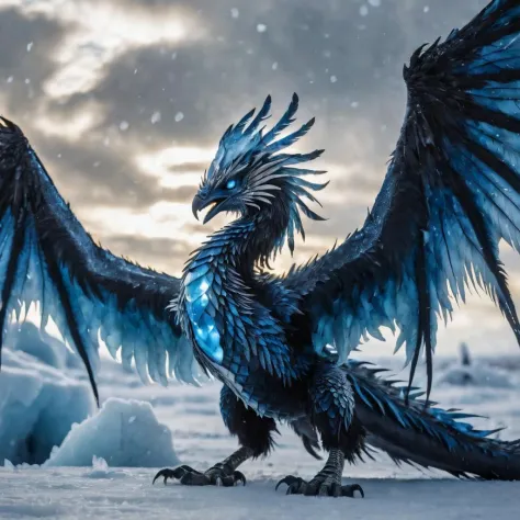(Highest Quality, 4k, masterpiece, Amazing Details:1.1) photo of  ice blue phoenix fighting a sapphire blue exotic dragon, giant wings, glowing ice blue eyes, detailed eyes, detailed pupil, film grain, Fujifilm XT3, photography, background is stormy clouds...