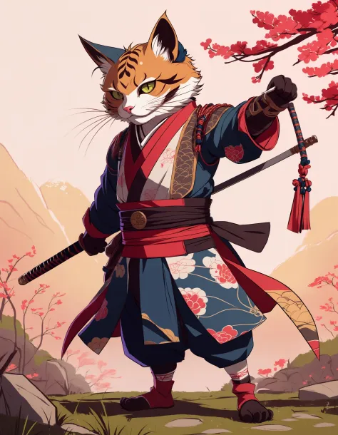 (drawing:1.3),a samurai cat, battlefield, (anime art), 2D, colorful, epic, undefined