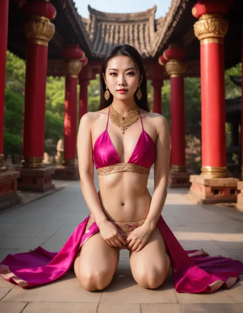 A Photograph of a young Asian woman in a realistic professional photoshoot, skimpy silk cloths, Capture her graceful beauty as she poses amidst a vibrant temple backdrop., undefined