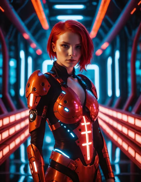 A Photograph capturing the essence of a young cyborg woman with fiery red hair. Her face fills the frame, bathed in neon hues, exuding determination and mystery amidst a futuristic backdrop., undefined