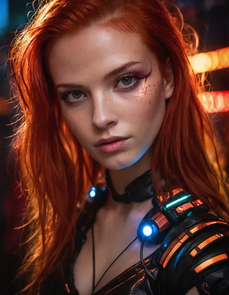 A Photograph capturing the essence of a young cyborg woman with fiery red hair. Her face fills the frame, bathed in neon hues, exuding determination and mystery amidst a futuristic backdrop., undefined