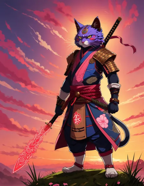 (drawing:1.3),a samurai cat, battlefield, (anime art), 2D, colorful, epic, undefined