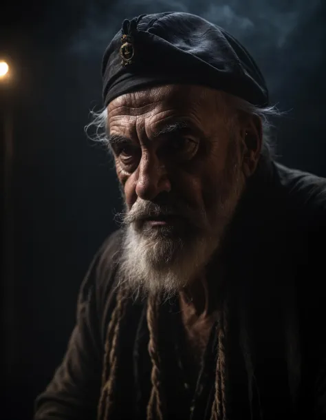 photo of old pirate man, beard, fog, dark atmosphere, night, close up, cinematic shot, hard shadows, Fujifilm XT3, undefined