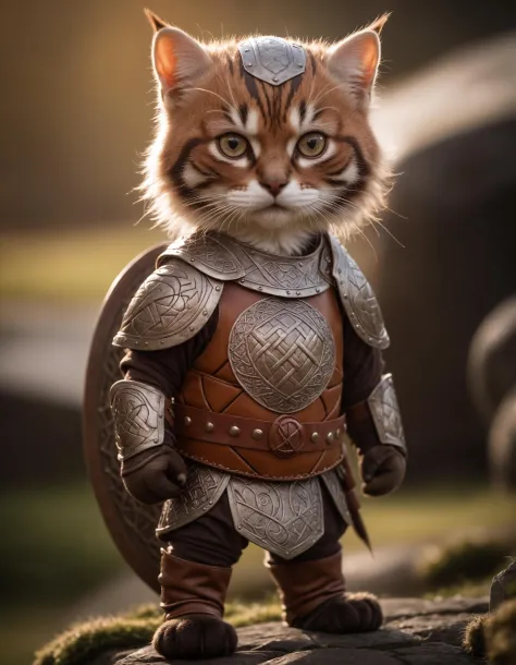 cinematic film still awardwinning photo cute cat, rust, epic, viking knotwork, wearing armor and shield, full body . shallow dep...