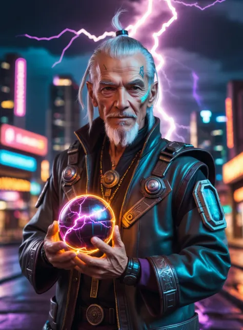 portrait photo of an old cyberpunk mage holding an lightning clas orb,  an futuristic cityscape at night in the background, The sky is  full of flying cars and drones, with neon lights illuminating the streets below,  rusted metal and graffiti