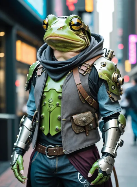 a cyberpunk frog, hipster, battle mage, cyberpunk armor