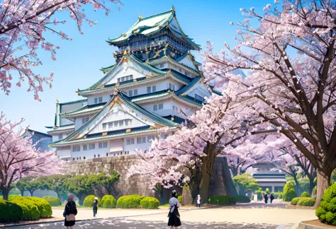 masterpiece, best quality, very aesthetic, absurdres,
osaka castle, scenery, cherry blossoms, sky, outdoors, tree, architecture,...