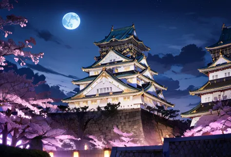 masterpiece, best quality, very aesthetic, absurdres,
osaka castle, moon, scenery, night, architecture, sky, east asian architec...