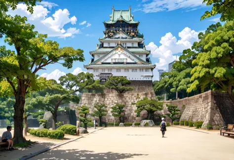 masterpiece, best quality, very aesthetic, absurdres,
osaka castle, scenery, sky, outdoors, architecture, cloud, day, east asian...