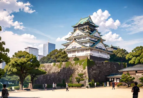 masterpiece, best quality, very aesthetic, absurdres,
osaka castle, scenery, sky, outdoors, architecture, cloud, day, east asian...