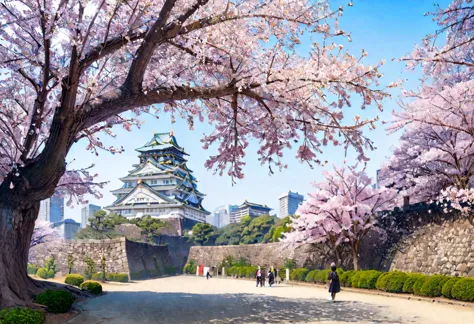 masterpiece, best quality, very aesthetic, absurdres,
osaka castle, scenery, outdoors, cherry blossoms, tree, sky, architecture,...