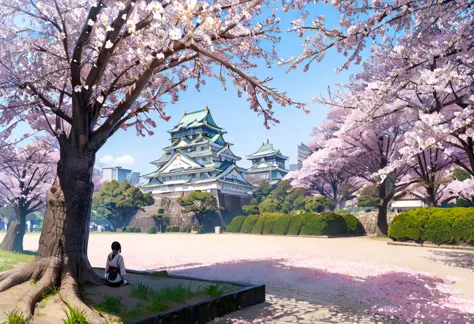 masterpiece, best quality, very aesthetic, absurdres,
osaka castle, scenery, cherry blossoms, sky, outdoors, tree, architecture,...