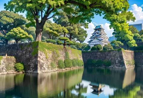 masterpiece, best quality, very aesthetic, absurdres,
osaka castle, scenery, sky, outdoors, day, blue sky, reflection, architect...