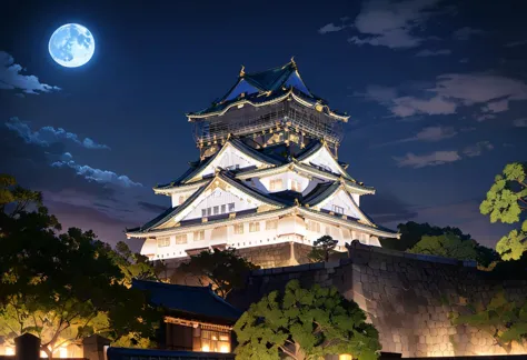 masterpiece, best quality, very aesthetic, absurdres,
osaka castle, moon, scenery, night, architecture, sky, east asian architec...