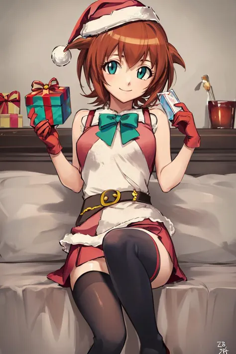 anime girl with santa hat holding a gift on a bed