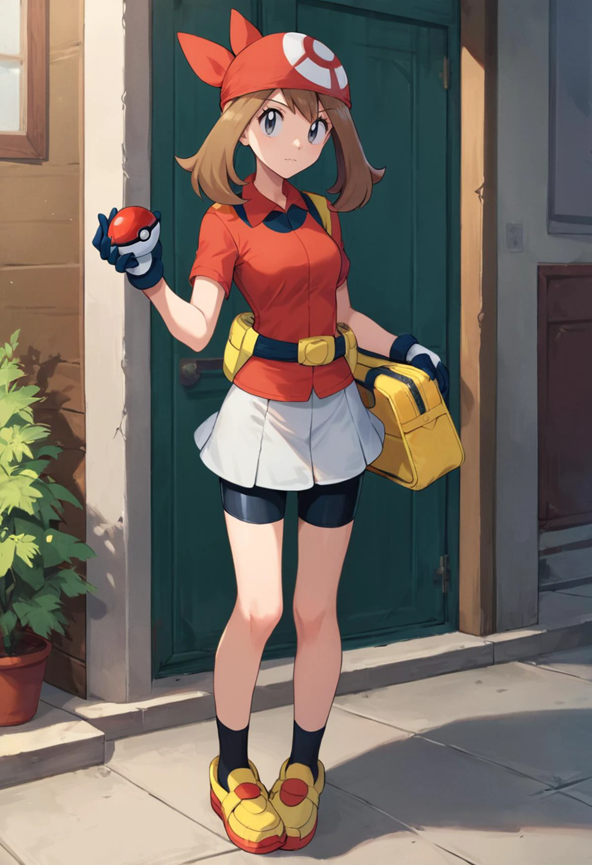 masterpiece,best quality, highly detailed, score_9, score_8_up, score_7_up, score_6_up,source_anime,
BREAK
 may, 1girl, may (pokemon), solo, gloves, bandana, brown hair, holding poke ball, poke ball, holding, standing, bike shorts, black socks, short sleeves, red bandana, grey eyes, shirt, skirt, white skirt, socks, red shirt, full body, fanny pack, closed mouth, shoes, poke ball (basic), bangs, yellow bag, collared shirt, knees, long hair, shorts