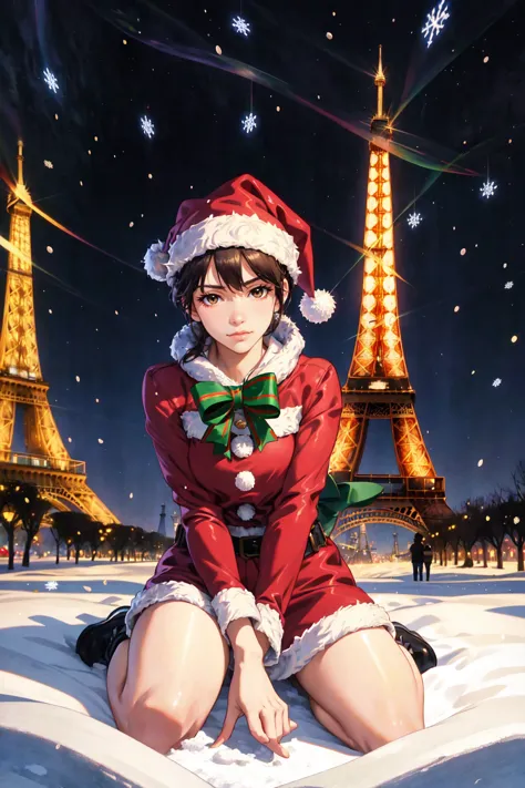 anime girl in santa outfit sitting on snow with eiffel tower in background