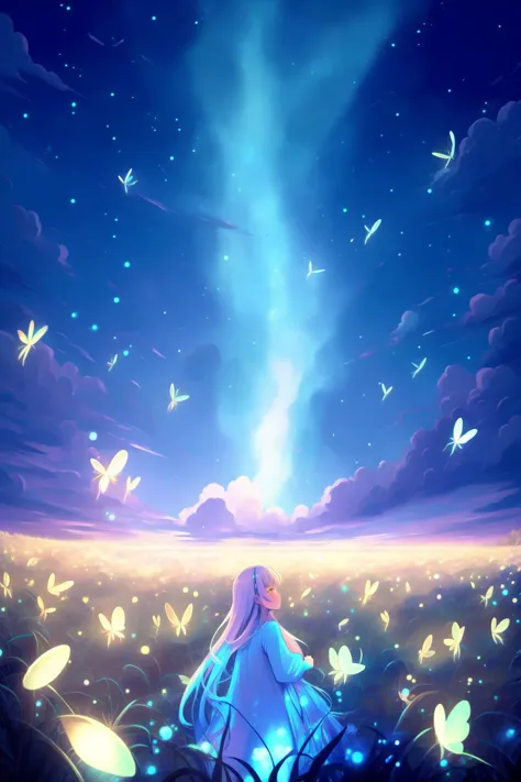 a girl sitting in a field of butterflies watching the sky