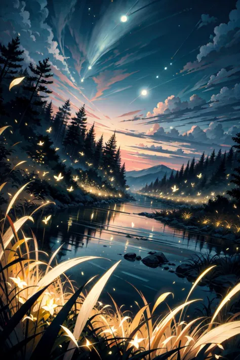 a painting of a lake with a lot of lights in it