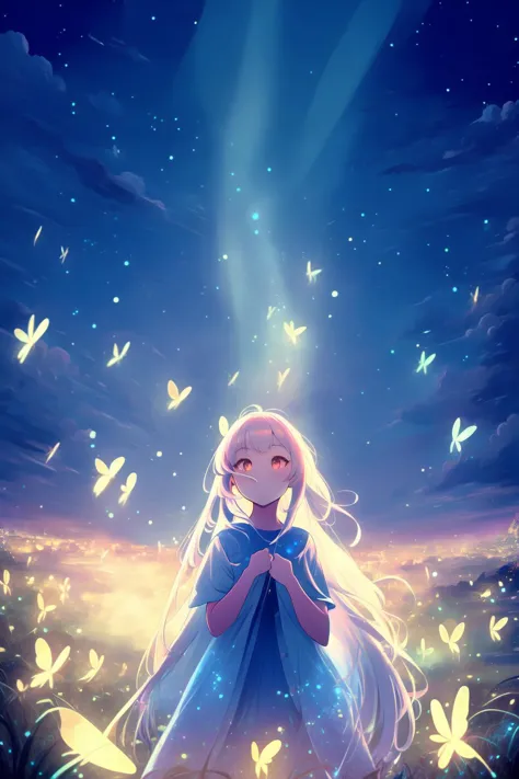 (masterpiece,best quality,ultra_detailed,highres,absurdres:1.3)
natural lighting, soft lighting, sunlight, HDR (High Dynamic Range), Maximum Clarity And Sharpness, Multi-Layered Textures,
(neon white fireflies:1.3),night sky  , 
1girl,  