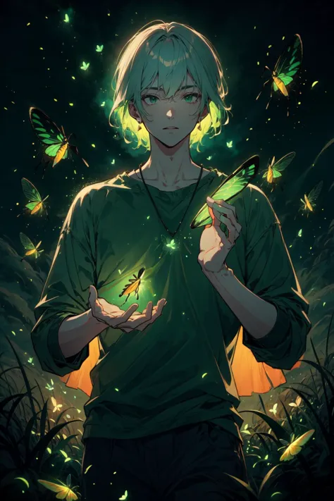 a boy with green hair holding a green butterfly in his hand