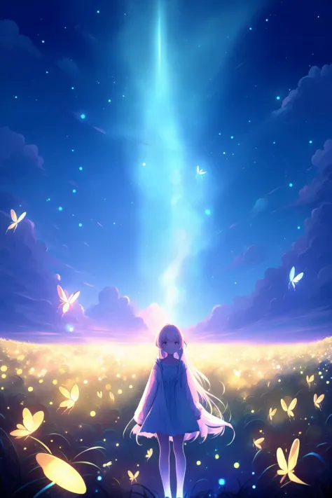 (masterpiece,best quality,ultra_detailed,highres,absurdres:1.3)
natural lighting, soft lighting, sunlight, HDR (High Dynamic Range), Maximum Clarity And Sharpness, Multi-Layered Textures,
(neon white fireflies:1.3),night sky  , 
1girl,  