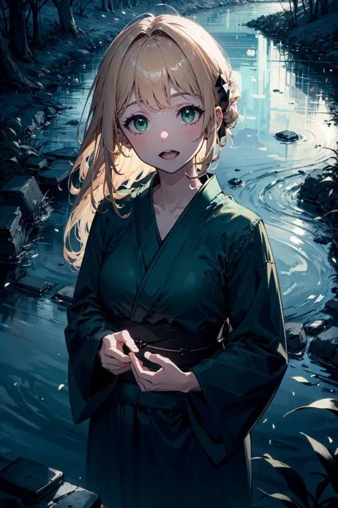 anime girl in green robe standing in a river with a city in the background