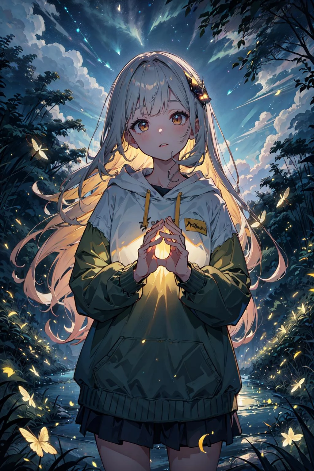 (perfect detail hands,perfect detail fingers:1.3),1girl,
natural lighting, soft lighting, sunlight, HDR (High Dynamic Range), Maximum Clarity And Sharpness, Multi-Layered Textures,fireflies,night sky edgNoire, hoodie,  ([black dress, short skirt|hoodie]::0.5)