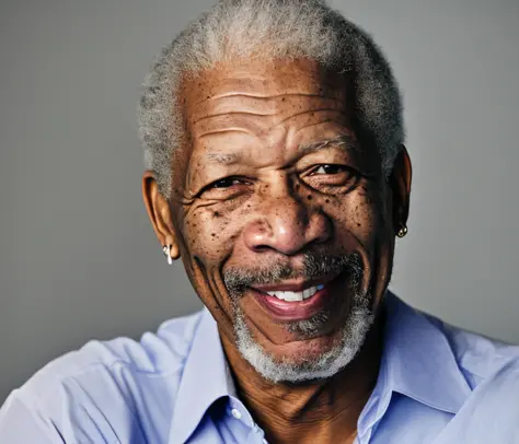 portrait of morgan freeman in a grey pinstripe suit, old black man, moles, freckles, white hair, white beard, gold earrings, smi...