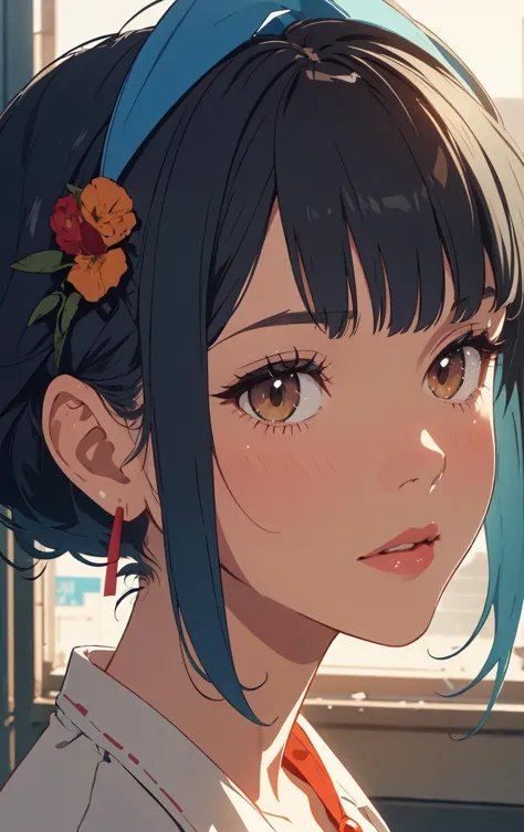 anime girl with blue hair and flower in her hair