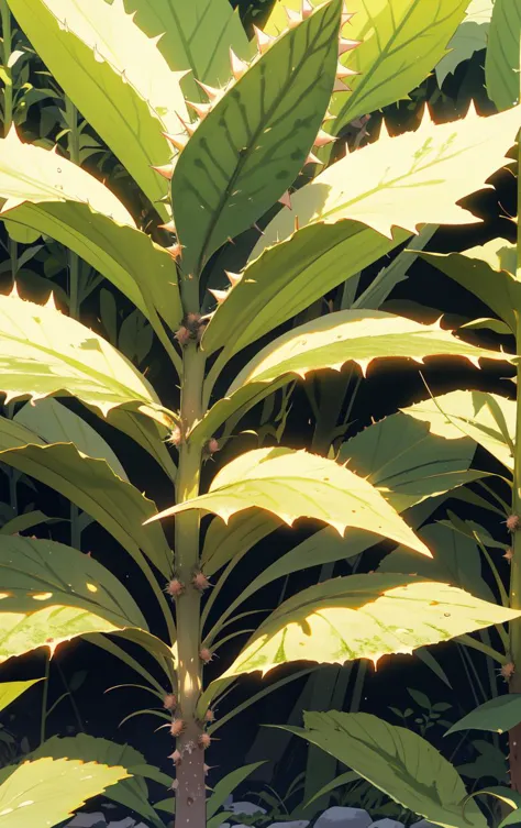 An Medium Close Up of Majestic Mottled Clumping Tapered plant, Glutinous Texture Prostrate Stolon, Prickly,   Quinacridone Sienn...