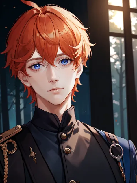 1man, face close up portrait, tartaglia, blue eyes, short hair, orange hair, hair between eyes, russian royal 18 century costume, forest sunset gradient background,
 <lora:Tartaglia:0.6>, <lora:handsome_male:0.2>, <lora:wowifierV3:0.2>, <lora:GoodHands-vanilla:1>, <lora:lora_blood_v1_from_v1_160:1>,