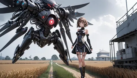 anime girl in a short dress standing in front of a giant robot