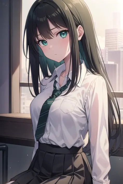 rinshibuya, rin shibuya, black hair, (green eyes:1.5), long hair,
BREAK black skirt, black socks, collared shirt, green necktie, kneehighs, long sleeves, miniskirt, necktie, pleated skirt, , shirt, skirt, socks, striped, striped necktie, white shirt, wing collar,
BREAK indoors, classroom,
BREAK looking at viewer,
BREAK (masterpiece:1.2), best quality, high resolution, unity 8k wallpaper, (illustration:0.8), (beautiful detailed eyes:1.6), extremely detailed face, perfect lighting, extremely detailed CG, (perfect hands, perfect anatomy),