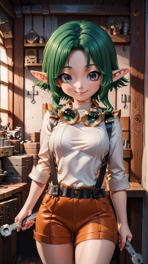 <lora:AngelicCAT_Style:0.7>, high resolution, highly detailed, perfect lighting, beautiful detailed eyes,  <lora:KieraXL:0.8> kieraxl, green hair, pointy ears, goggles around neck, suspenders, smile, holding wrench,