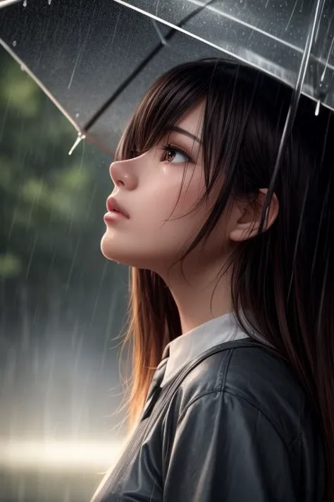 detailed background, cinematic lighting, outdoor, overcast, rain, 1girl